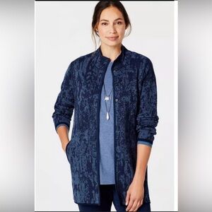 Pure Jill Intarsia Jacquard Blue Patterned, Longer Line, 2 Button Cardigan 4X.